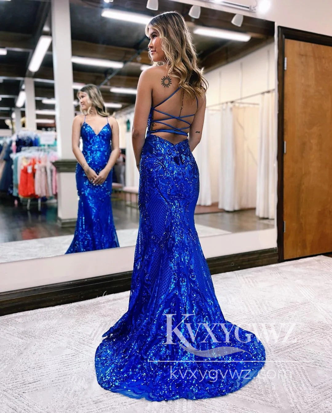 Stunning Mermaid Royal Blue Evening Gown V Neck Sequin Lace Long Prom Dress LF669