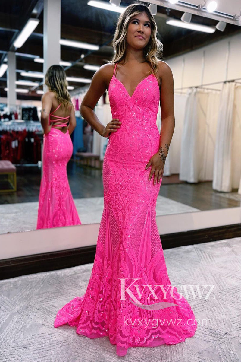 Stunning Mermaid Royal Blue Evening Gown V Neck Sequin Lace Long Prom Dress LF669