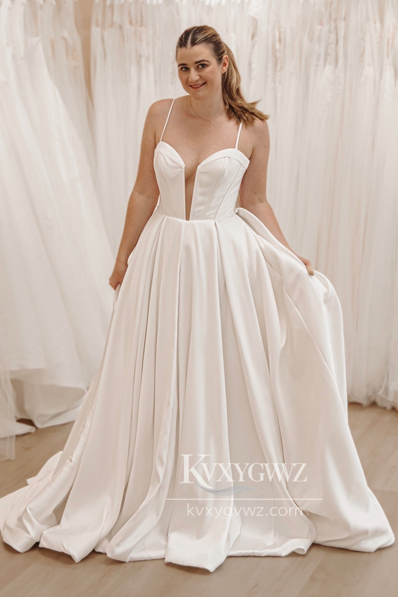 Graceful A-Line Spaghetti Strap Sweetheart White Wedding Dresses Gown with Bow Back HS669