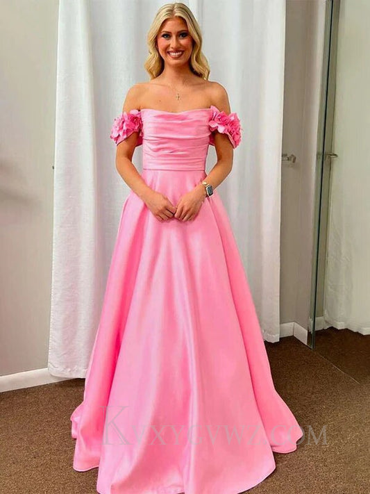Blush Off the Shoulder A Line Satin Prom Dress LF067