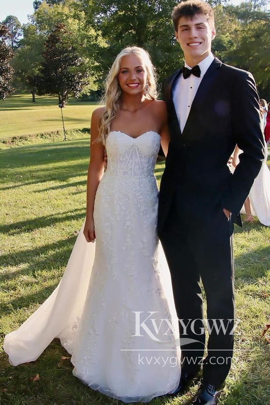 Charming Mermaid Evening Gown Sweetheart White Lace Appliques Long Prom Dress LF671