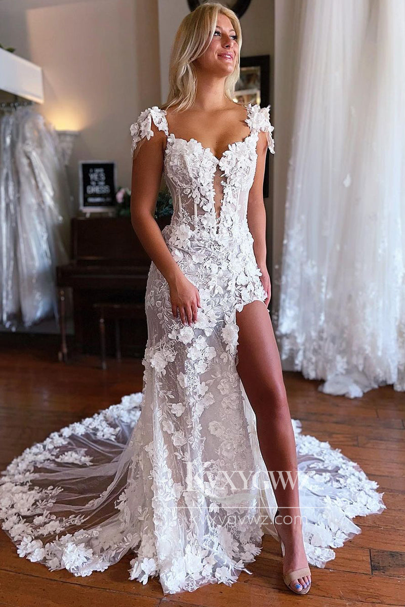Glamorous Mermaid Sweetheart White Wedding Dresses Gown with Flower Appliques HS673