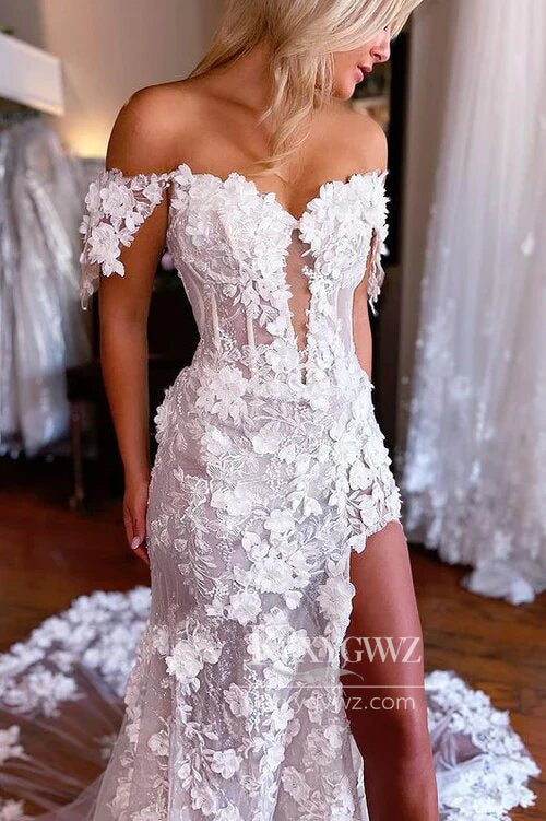 Glamorous Mermaid Sweetheart White Wedding Dresses Gown with Flower Appliques HS673