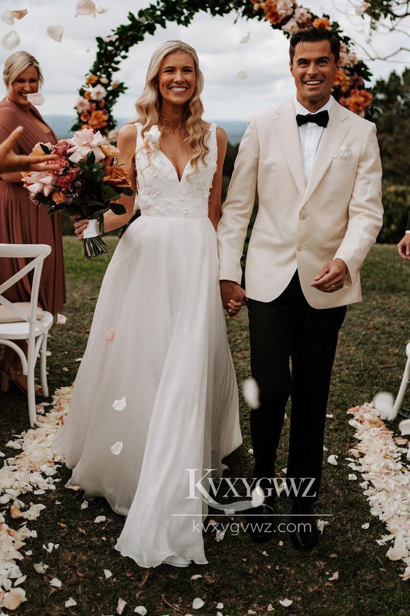 Graceful  A-Line V Neck White Chiffon Wedding Dresses Gown with Appliques HS674
