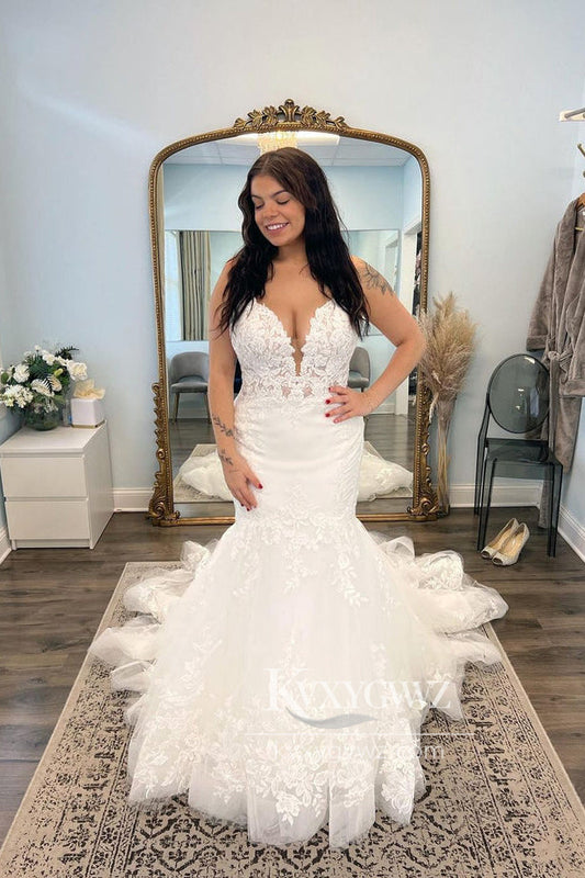 Glamorous Spaghetti Strap Mermaid V Neck Lace Wedding Dresses Gown With Appliques HS675