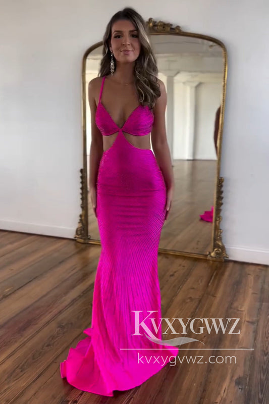 Charming Mermaid Evening Gown V Neck Yellow Satin Long Prom Dress with Beading LF675