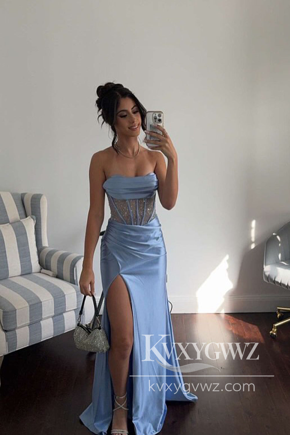 Stunging Mermaid Evening Gown Cowl Neck Light Blue Satin Slit Prom Dress LF677
