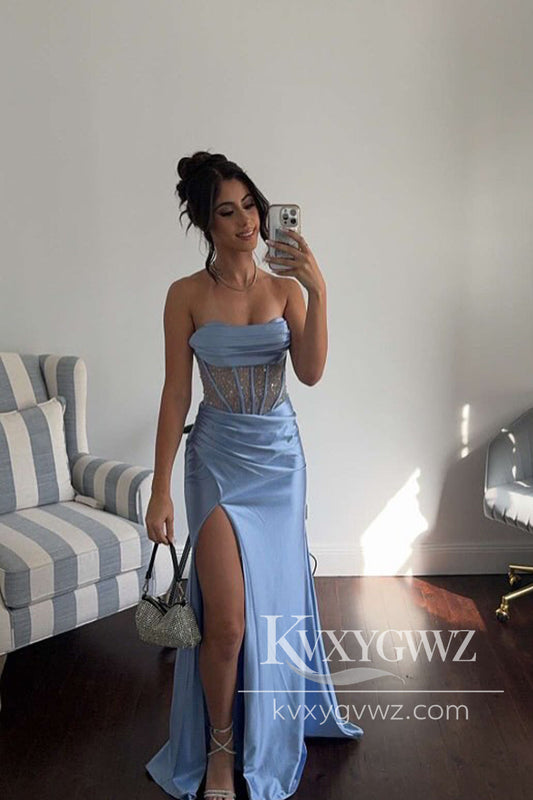 Stunging Mermaid Evening Gown Cowl Neck Light Blue Satin Slit Prom Dress LF677