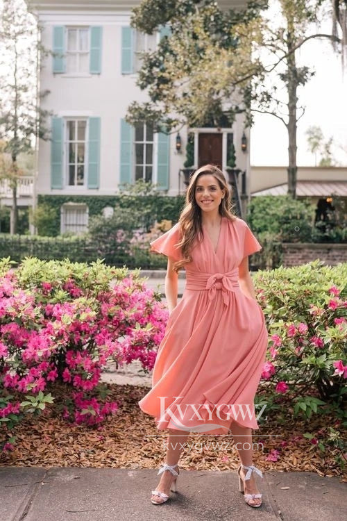 Cute A-Line V Neck Cap Sleeve Chiffon Tea Length Bridesmaid Dresses Wedding Guest Party Dresses HS678