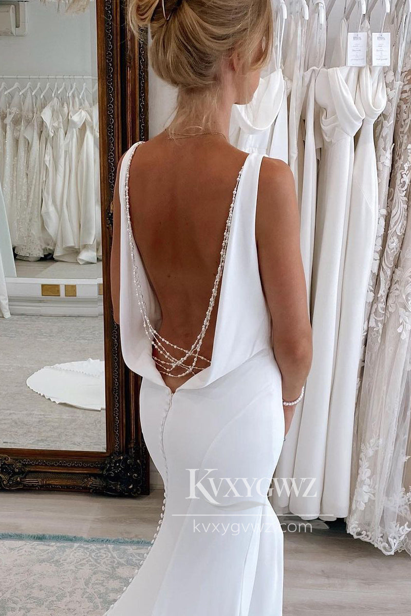 Glamorous Mermaid V Neck Backless White Soft Satin Wedding Dresses Gown HS679