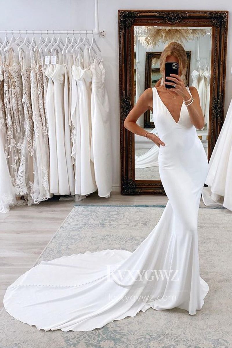 Glamorous Mermaid V Neck Backless White Soft Satin Wedding Dresses Gown HS679