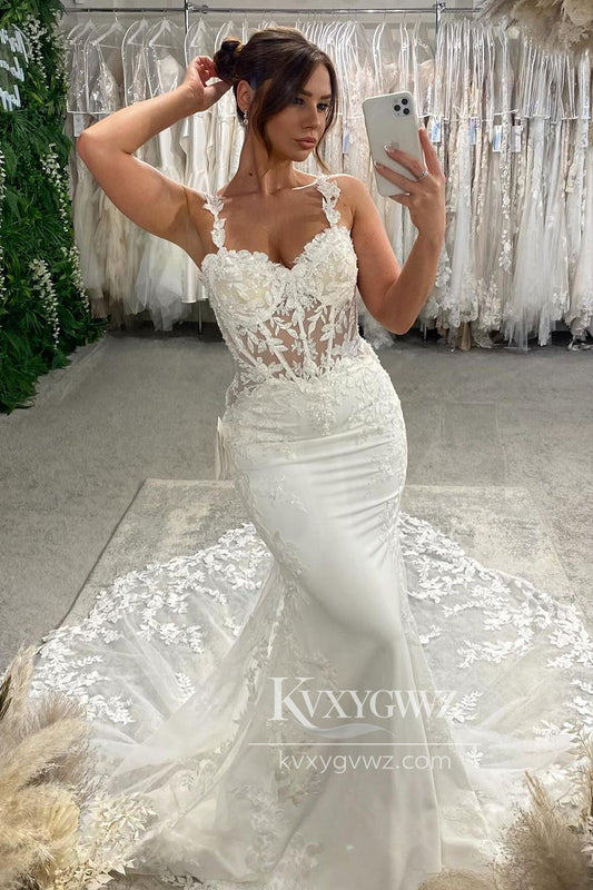 Glamorous Sweetheart Mermaid V Neck Lace Wedding Dresses Gown with Appliques HS680