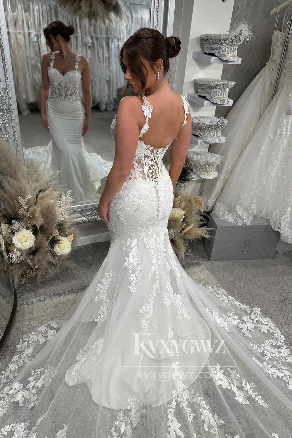 Glamorous Sweetheart Mermaid V Neck Lace Wedding Dresses Gown with Appliques HS680