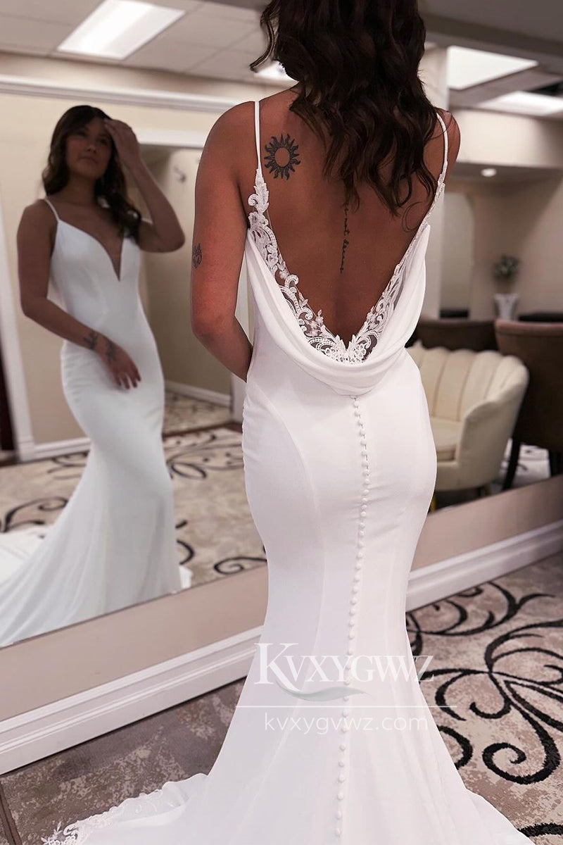 Glamorous Mermaid V Neck Elastic Satin Wedding Dresses Gown with Appliques HS681