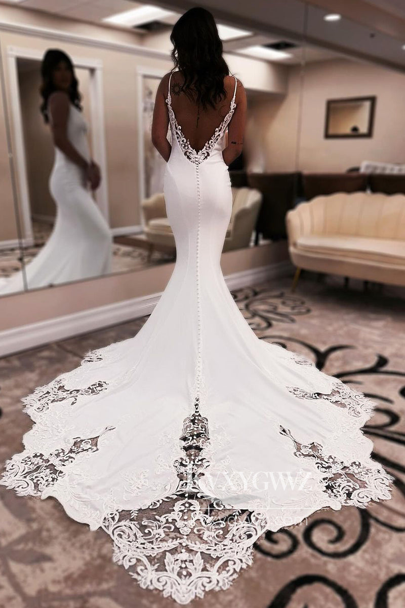 Glamorous Mermaid V Neck Elastic Satin Wedding Dresses Gown with Appliques HS681