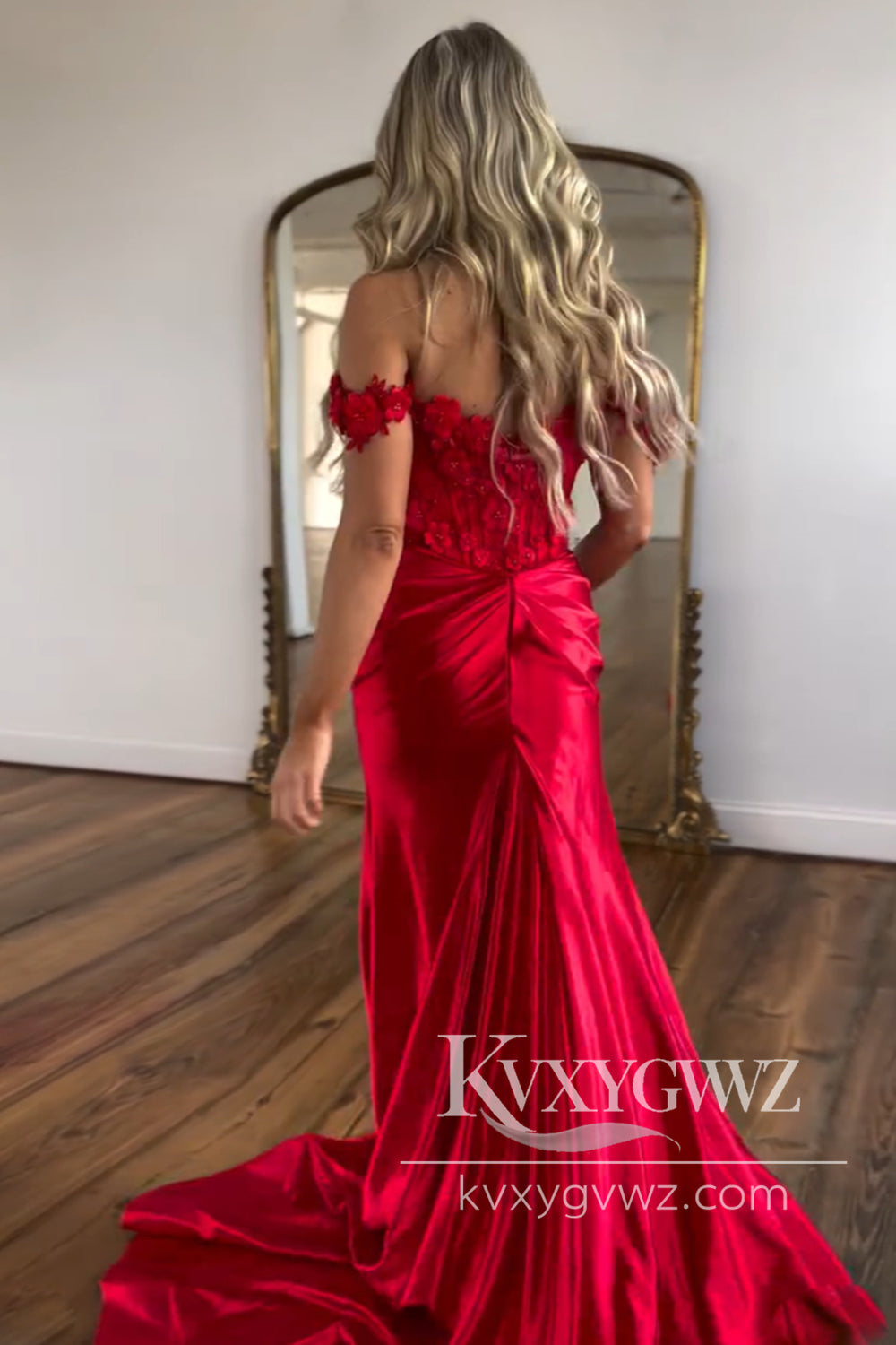 Stunning Mermaid Off the Shoulder Evening Gown Red Satin Prom Dress with Slit LF682