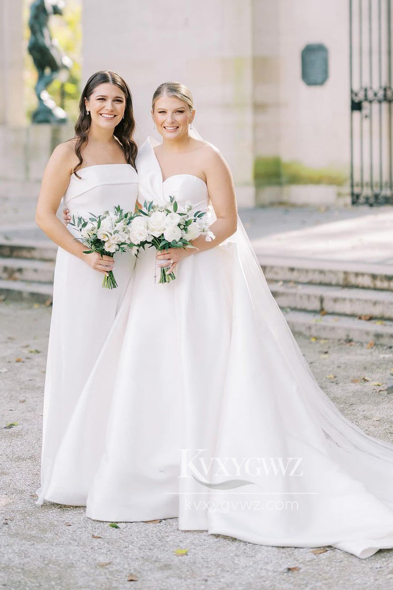 Graceful A-Line One Shoulder White Satin Wedding Dresses Gown HS682