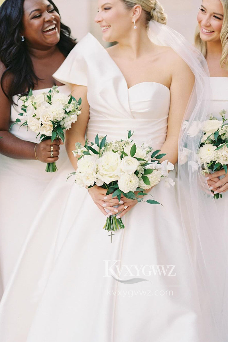 Graceful A-Line One Shoulder White Satin Wedding Dresses Gown HS682