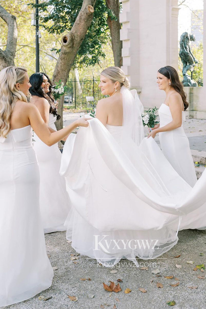 Graceful A-Line One Shoulder White Satin Wedding Dresses Gown HS682
