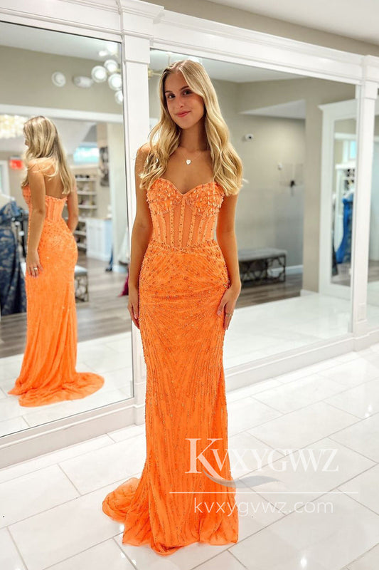 Charming Mermaid V Neck Evening Gown Orange Sequins Long Prom Dress with Beading LF683