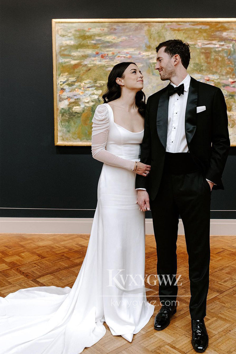Glamorous Mermaid Square Neck Long Sleeves White Satin Wedding Dresses Gown HS683