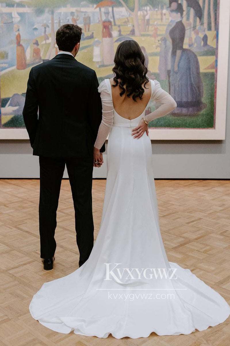 Glamorous Mermaid Square Neck Long Sleeves White Satin Wedding Dresses Gown HS683