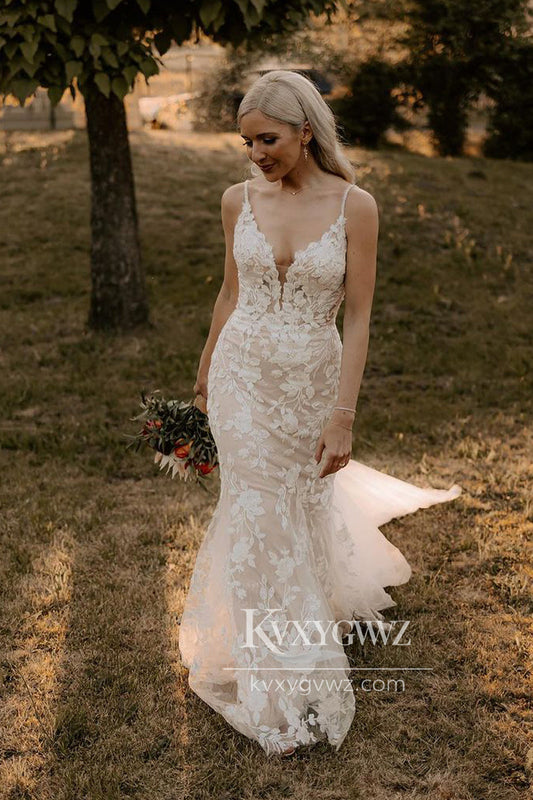 Glamorous Spaghetti Strap Mermaid V Neck Tulle Wedding Dresses Gown with Appliques HS684