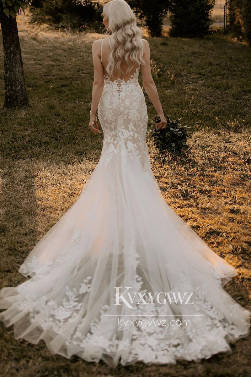 Glamorous Spaghetti Strap Mermaid V Neck Tulle Wedding Dresses Gown with Appliques HS684