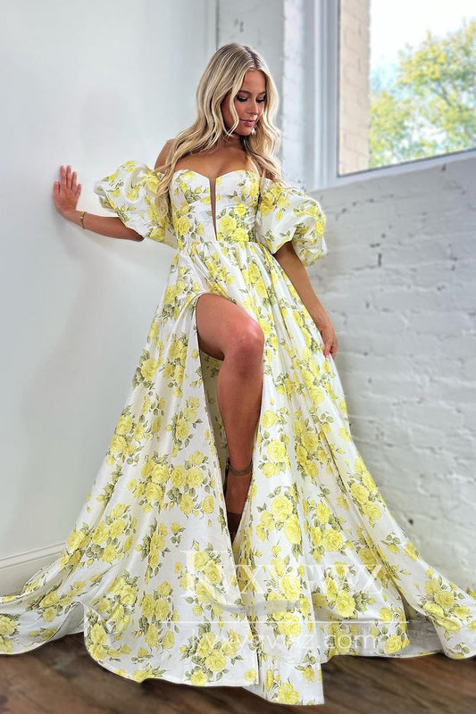 Chic A-Line Strapless Evening Gown Floral Print Satin Long Prom Dress with Sleeves LF684