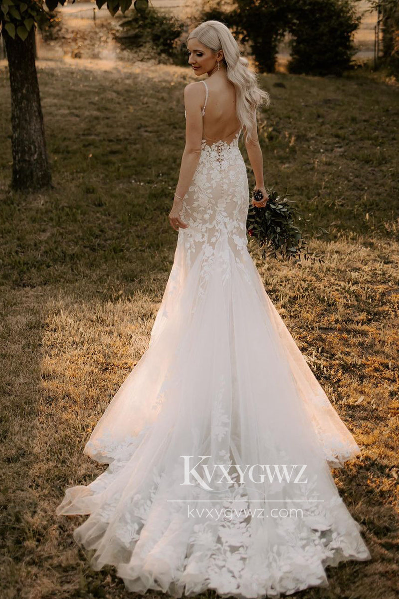 Glamorous Spaghetti Strap Mermaid V Neck Tulle Wedding Dresses Gown with Appliques HS684