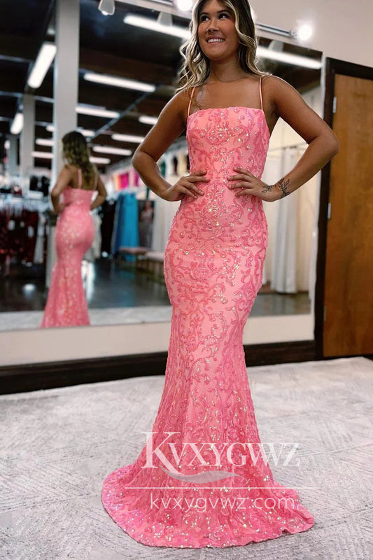 Charming Mermaid Straps Evening Gown Coral Sequins Lace Long Prom Dress LF685