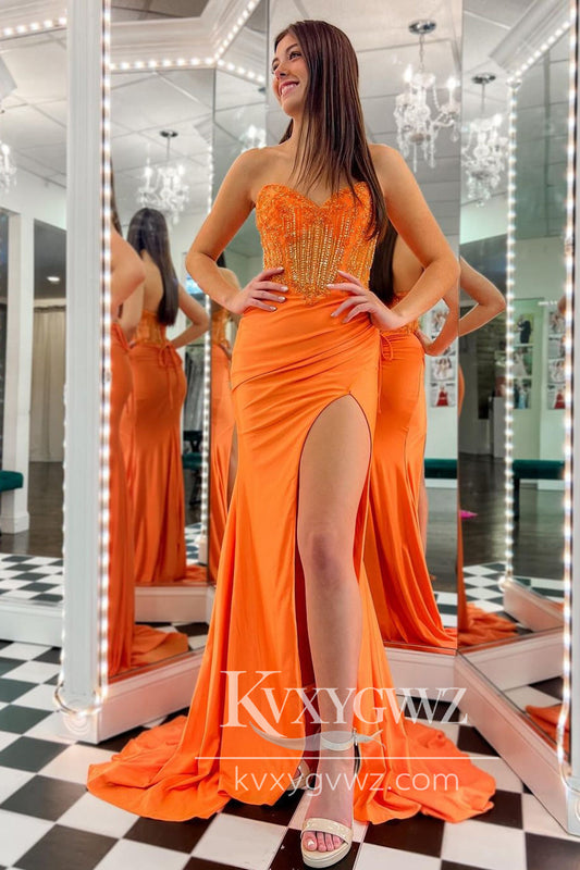 Charming Mermaid Sweetheart Orange Satin Long Prom Dress Gown with Appliques LF686