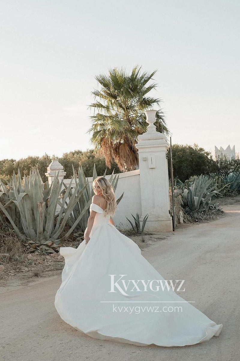 Graceful A-Line Off the Shoulder Satin Wedding Dresses Gown with Slit HS686