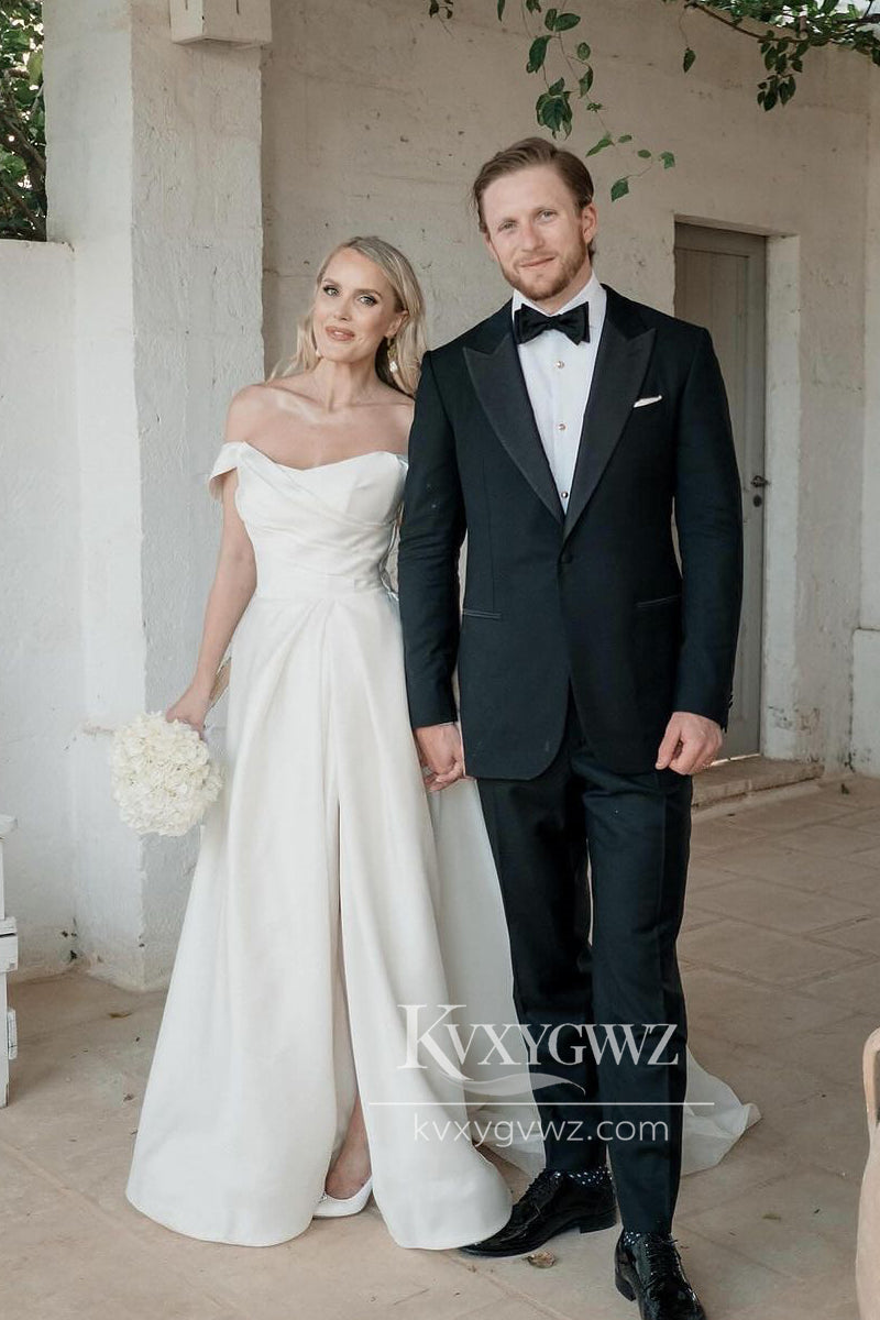 Graceful A-Line Off the Shoulder Satin Wedding Dresses Gown with Slit HS686