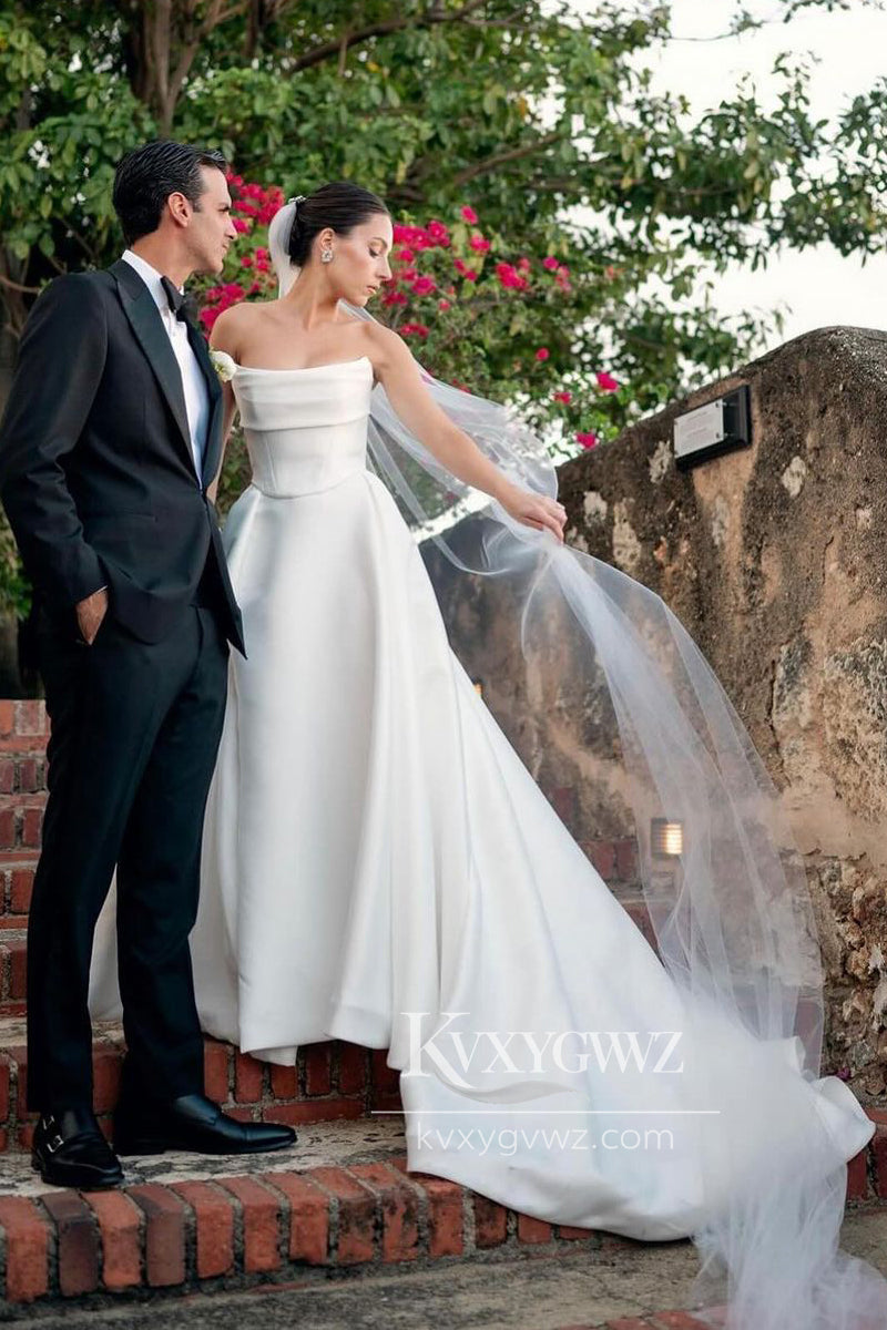 Glamorous Strapless Satin A-Line Wedding Dresses Gown With Sweep Train HS687