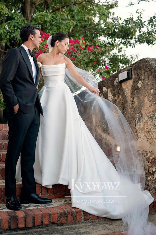 Glamorous Strapless Satin A-Line Wedding Dresses Gown With Sweep Train HS687
