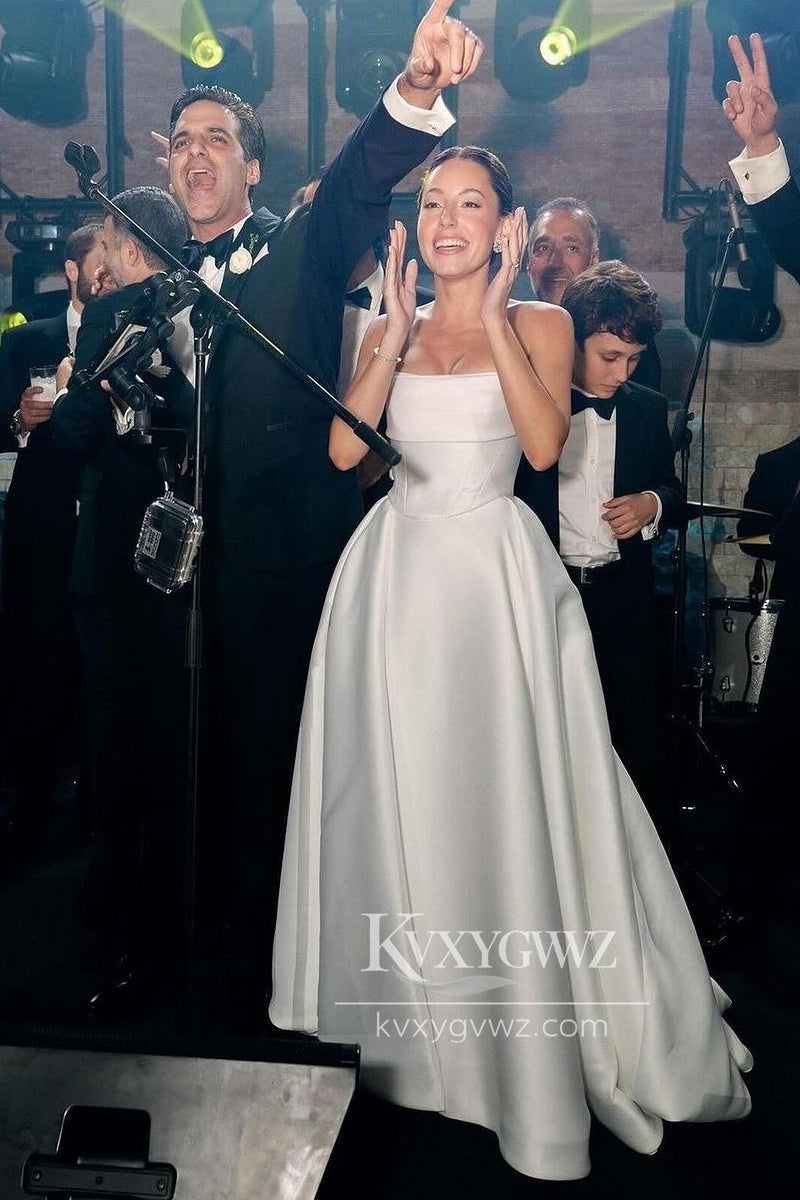 Glamorous Strapless Satin A-Line Wedding Dresses Gown With Sweep Train HS687