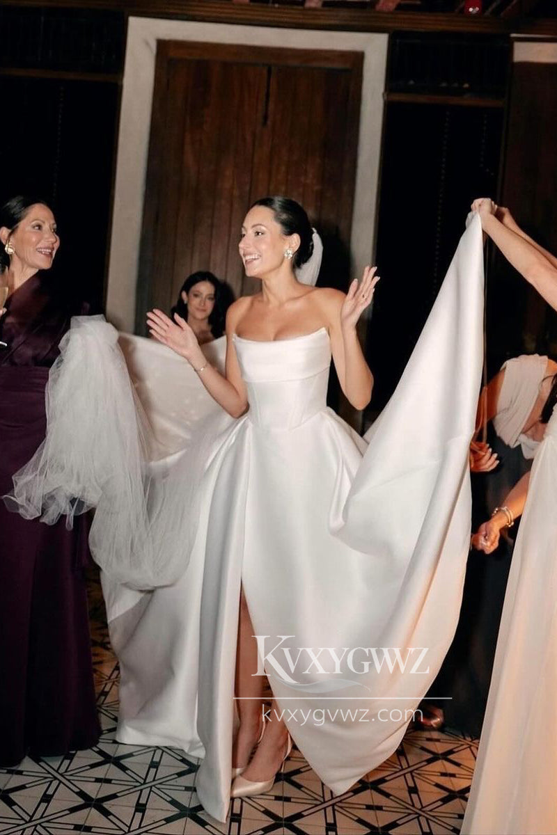 Glamorous Strapless Satin A-Line Wedding Dresses Gown With Sweep Train HS687