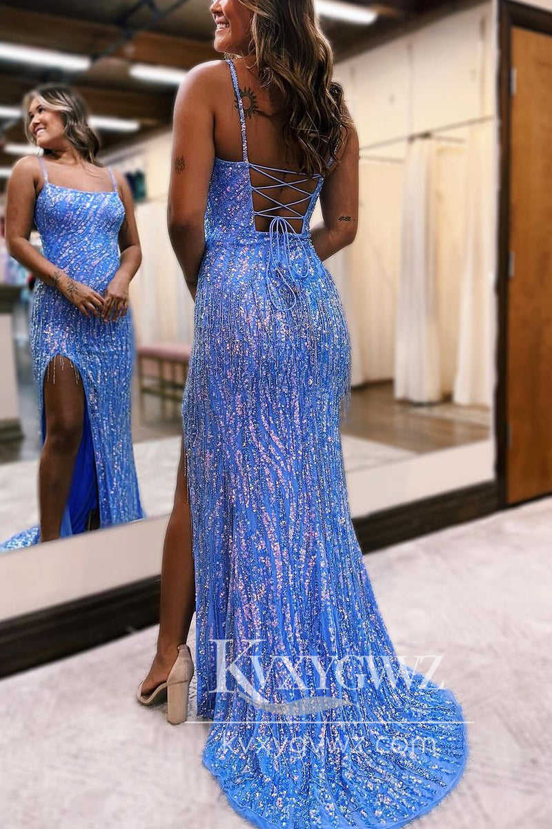 Stunning Mermaid Light Blue Evening Gown Scoop Neck Sequins Prom Dress with Fringe LF687