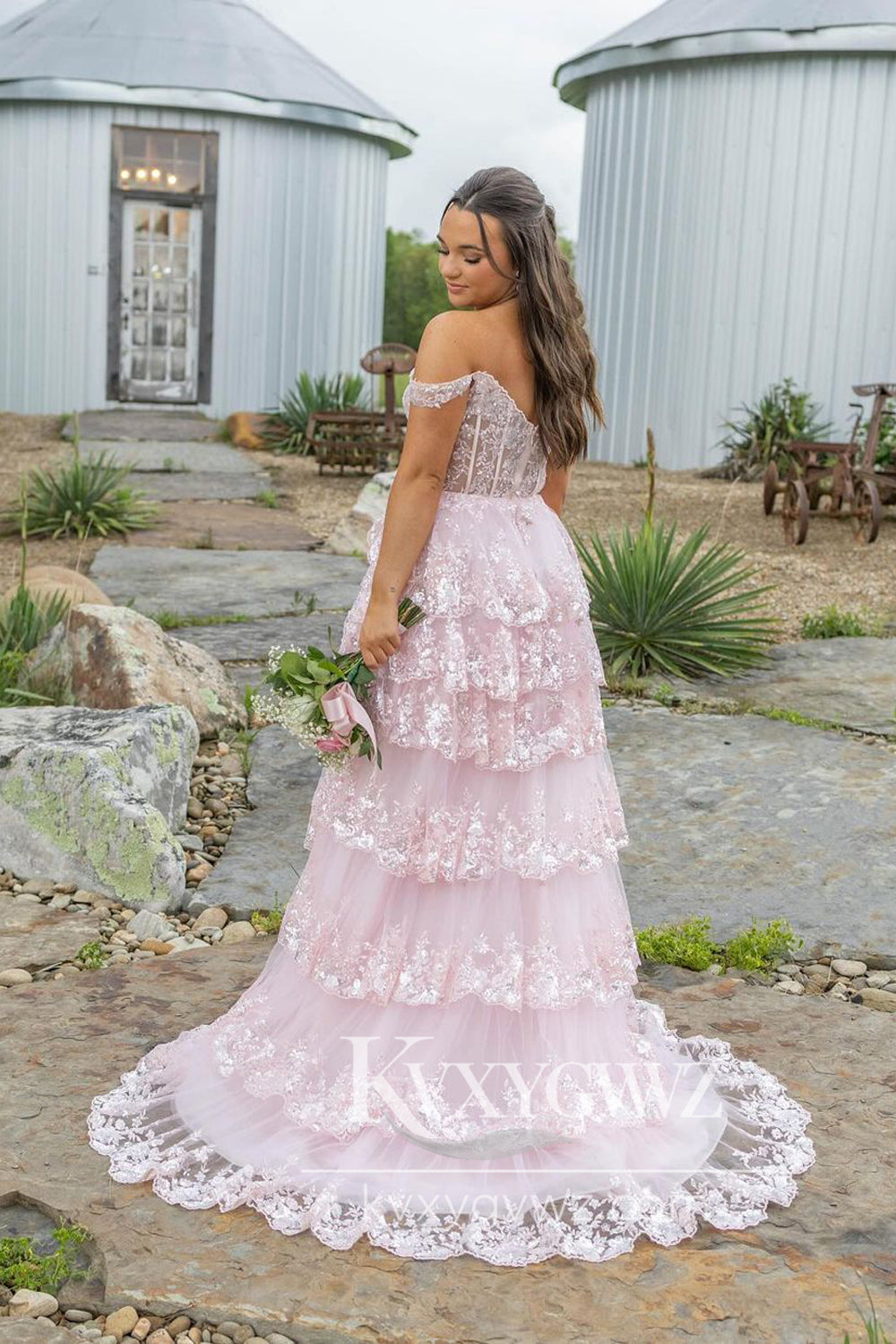 Stunning A Line Off the Shoulder Pink Tiered Tulle Long Prom Dress Gown with Appliques LF688