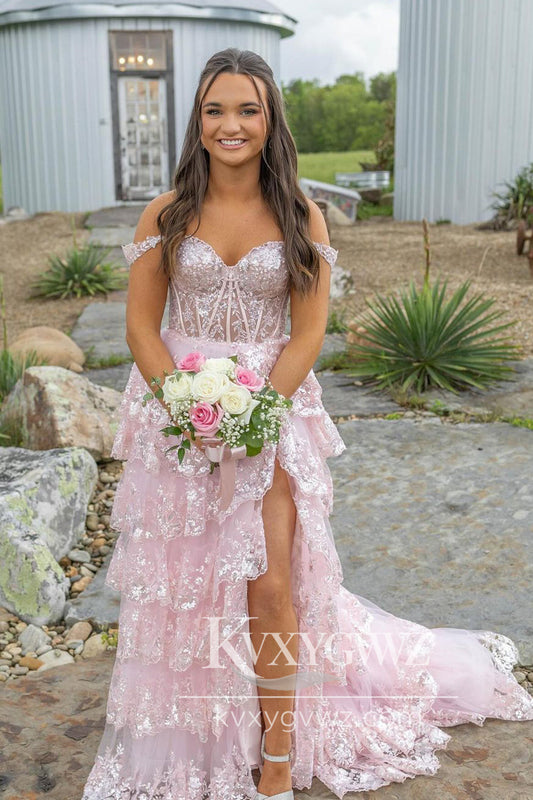 Stunning A Line Off the Shoulder Pink Tiered Tulle Long Prom Dress Gown with Appliques LF688