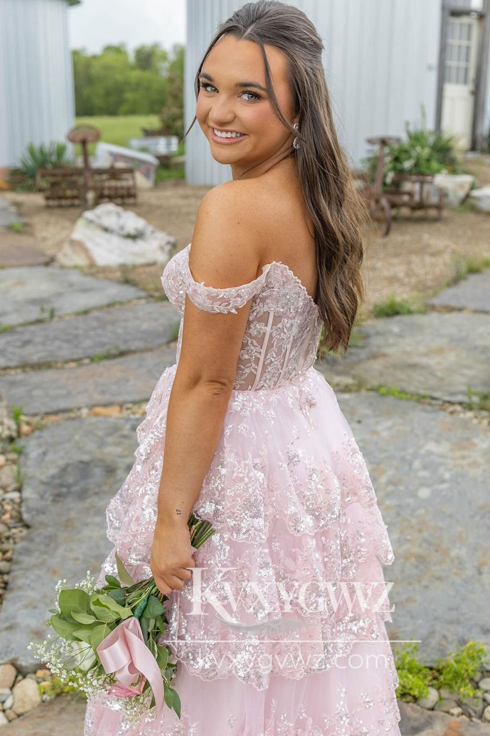 Stunning A Line Off the Shoulder Pink Tiered Tulle Long Prom Dress Gown with Appliques LF688