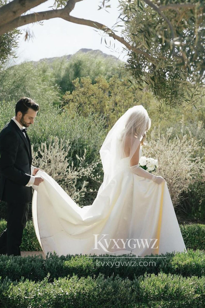 Dazzling A-Line Strapless Satin Wedding Dresses Gown With Sweep Train HS689