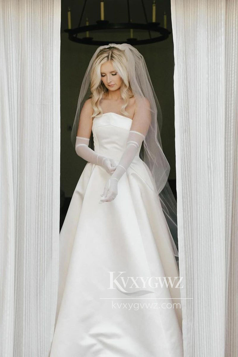 Dazzling A-Line Strapless Satin Wedding Dresses Gown With Sweep Train HS689