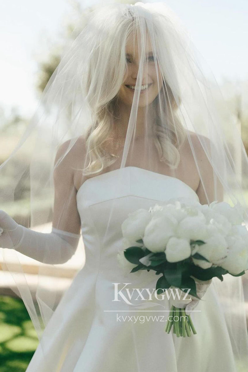 Dazzling A-Line Strapless Satin Wedding Dresses Gown With Sweep Train HS689