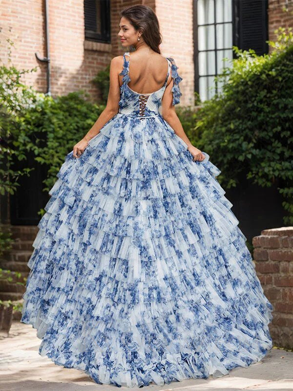 Blue White A Line Spaghetti Strap Ruffled Floral Long Prom Dress LF069