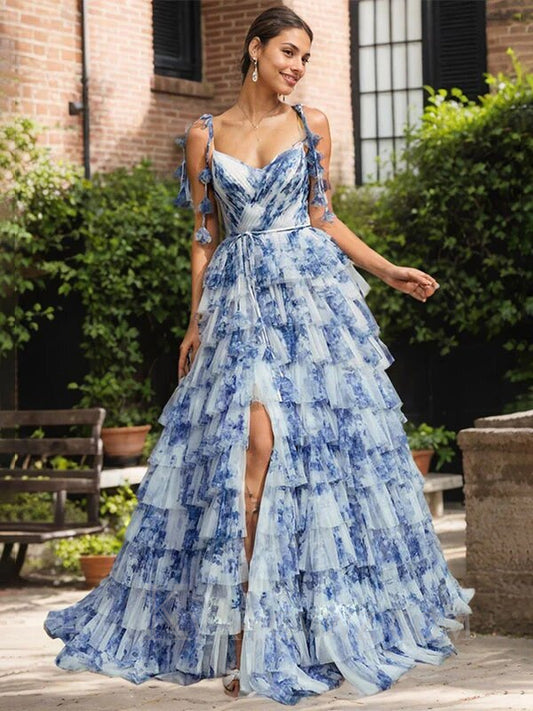 Blue White A Line Spaghetti Strap Ruffled Floral Long Prom Dress LF069