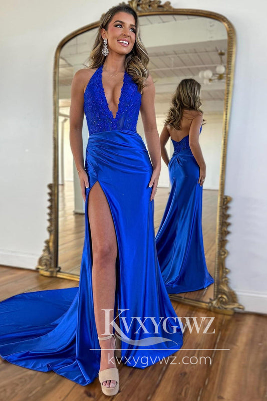 Charming Mermaid V Neck Evening Gown Royal Blue Satin Long Prom Dress with Slit LF690