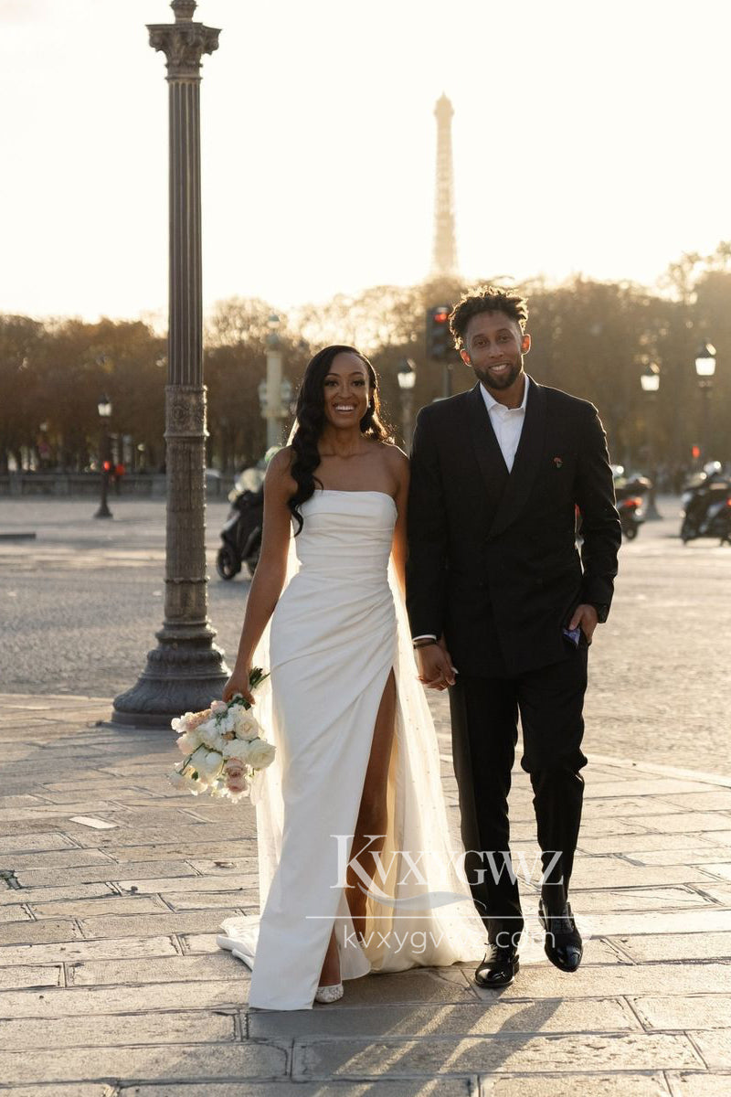 Glamorous Sheath Strapless White Elasitc Satin Wedding Dresses Gown with Slit HS690