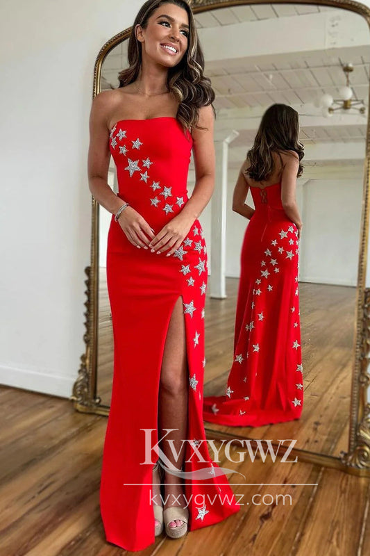 Charming Mermaid Strapless Evening Gown Red Satin Long Prom Dress with Slit LF691